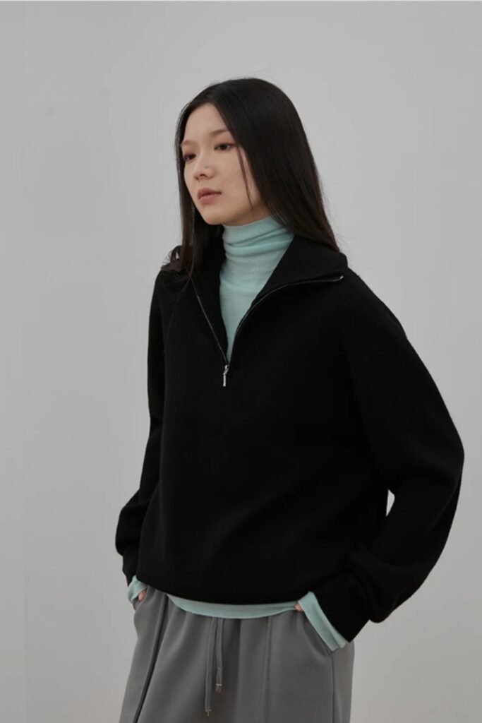 merino wool turtleneck sweater, loose-fit zipper pullover, luxury winter knitwear, breathable cozy sweater, minimalist oversized top, cold-weather layering essential, relaxed boho-chic loungewear