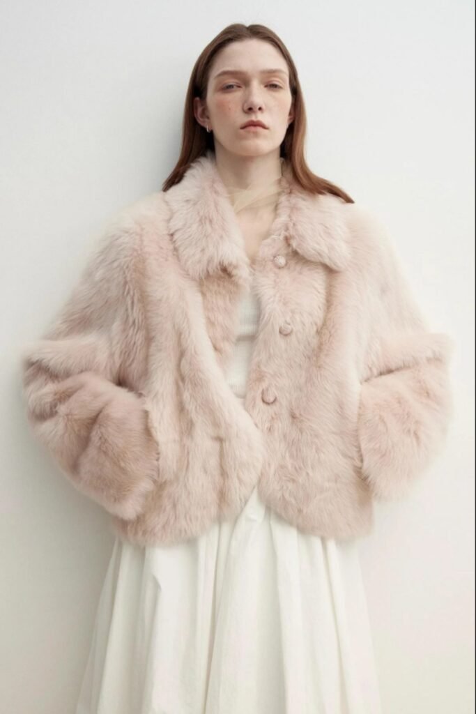 pink lapel sheepskin jacket, Tuscan-style fur coat, straight-cut short outerwear, plush autumn jacket, whimsical fall fashion, retro-inspired fur trim, cozy yet stylish women’s coat