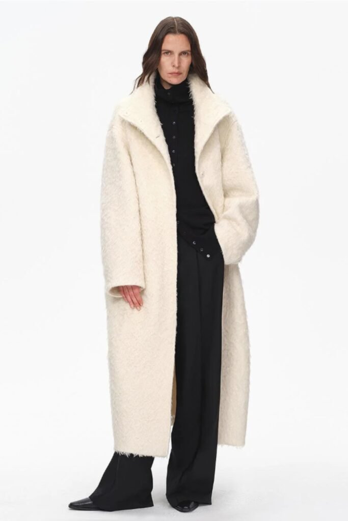 mohair wool winter coat, stand collar oversized coat, loose-fit woolen trench, ethereal cold-weather outerwear, lightweight yet warm jacket, minimalist dramatic silhouette, boho luxe winter style
