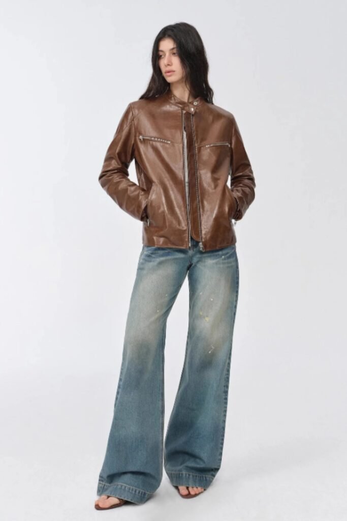 vintage waxed leather jacket, New Zealand sheepskin moto coat, distressed biker outerwear, cowhide motorcycle jacket, rugged yet stylish outerwear, lived-in patina leather, timeless rebel fashion